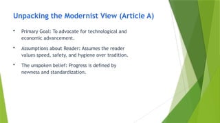 Unpacking the Modernist View (Article A)
• Primary Goal: To advocate for technological and
economic advancement.
• Assumptions about Reader: Assumes the reader
values speed, safety, and hygiene over tradition.
• The unspoken belief: Progress is defined by
newness and standardization.
 