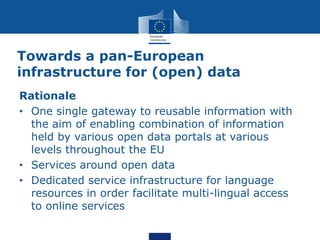 Towards a pan-European
infrastructure for (open) data
Rationale
• One single gateway to reusable information with
the aim of enabling combination of information
held by various open data portals at various
levels throughout the EU
• Services around open data
• Dedicated service infrastructure for language
resources in order facilitate multi-lingual access
to online services
 