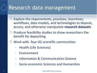 Research data management
Explore the requirements, practices, incentives,
workflows, data models, and technologies to depo...