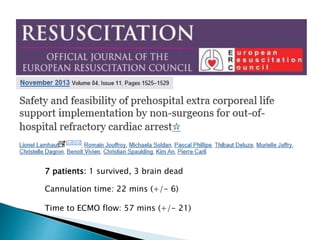 7 patients: 1 survived, 3 brain dead
Cannulation time: 22 mins (+/- 6)
Time to ECMO flow: 57 mins (+/- 21)
 