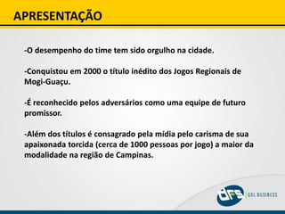 APRESENTAÇÃO
-O desempenho do time tem sido orgulho na cidade.
-Conquistou em 2000 o título inédito dos Jogos Regionais de
Mogi-Guaçu.
-É reconhecido pelos adversários como uma equipe de futuro
promissor.
-Além dos títulos é consagrado pela mídia pelo carisma de sua
apaixonada torcida (cerca de 1000 pessoas por jogo) a maior da
modalidade na região de Campinas.
 
