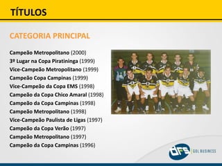 TÍTULOS
CATEGORIA PRINCIPAL
Campeão Metropolitano (2000)
3º Lugar na Copa Piratininga (1999)
Vice-Campeão Metropolitano (1999)
Campeão Copa Campinas (1999)
Vice-Campeão da Copa EMS (1998)
Campeão da Copa Chico Amaral (1998)
Campeão da Copa Campinas (1998)
Campeão Metropolitano (1998)
Vice-Campeão Paulista de Ligas (1997)
Campeão da Copa Verão (1997)
Campeão Metropolitano (1997)
Campeão da Copa Campinas (1996)
 