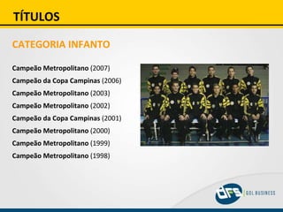 TÍTULOS CATEGORIA INFANTO Campeão Metropolitano  (2007) Campeão da Copa Campinas  (2006) Campeão Metropolitano  (2003) Campeão Metropolitano  (2002) Campeão da Copa Campinas  (2001) Campeão Metropolitano  (2000) Campeão Metropolitano  (1999) Campeão Metropolitano  (1998) 