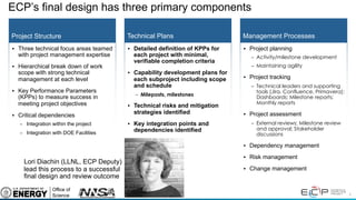 9
ECP’s final design has three primary components
Project Structure
• Three technical focus areas teamed
with project management expertise
• Hierarchical break down of work
scope with strong technical
management at each level
• Key Performance Parameters
(KPPs) to measure success in
meeting project objectives
• Critical dependencies
– Integration within the project
– Integration with DOE Facilities
Technical Plans
• Detailed definition of KPPs for
each project with minimal,
verifiable completion criteria
• Capability development plans for
each subproject including scope
and schedule
– Mileposts, milestones
• Technical risks and mitigation
strategies identified
• Key integration points and
dependencies identified
Management Processes
• Project planning
– Activity/milestone development
– Maintaining agility
• Project tracking
– Technical leaders and supporting
tools (Jira, Confluence, Primavera);
Dashboards; Milestone reports;
Monthly reports
• Project assessment
– External reviews; Milestone review
and approval; Stakeholder
discussions
• Dependency management
• Risk management
• Change management
Lori Diachin (LLNL, ECP Deputy)
lead this process to a successful
final design and review outcome
 