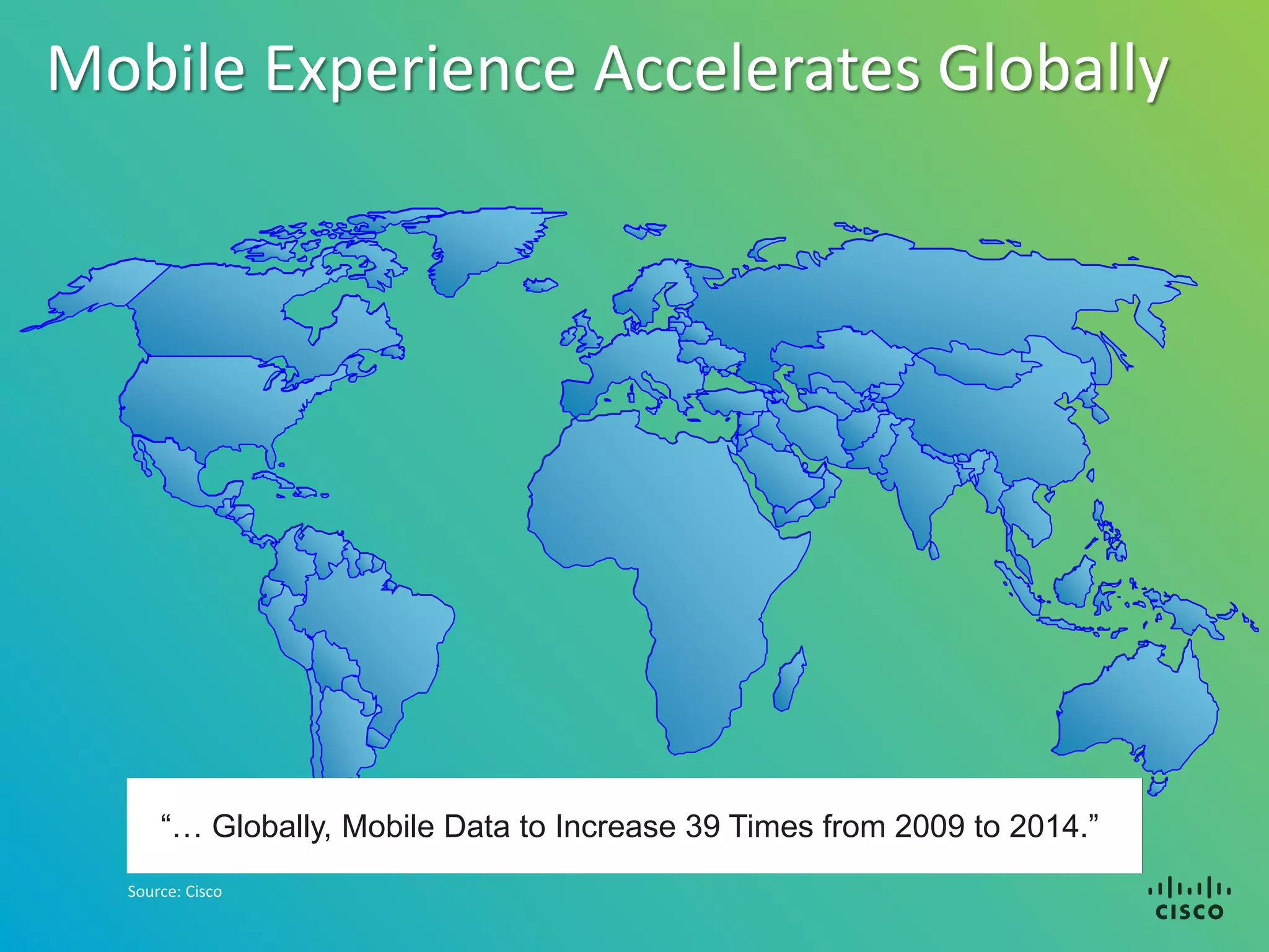 Mobile Experience Accelerates Globally




      “… Globally, Mobile Data Traffic Up 5000% in 3 from 2009 to 2014.”
            “… Mobile Data Traffic Doubling Every 3 Years.”
              “… Mobile Data to Increase 39 Times Months.”
  Source: Cisco
 