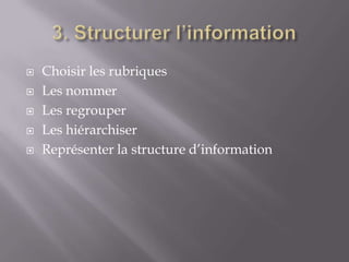    Choisir les rubriques
   Les nommer
   Les regrouper
   Les hiérarchiser
   Représenter la structure d’information
 