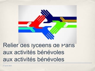 17 avril 2013
Relier des lycéens de Paris
aux activités bénévoles
aux activités bénévoles
 