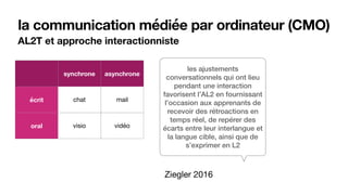la communication médiée par ordinateur (CMO)
AL2T et approche interactionniste
les ajustements
conversationnels qui ont lieu
pendant une interaction
favorisent l’AL2 en fournissant
l’occasion aux apprenants de
recevoir des rétroactions en
temps réel, de repérer des
écarts entre leur interlangue et
la langue cible, ainsi que de
s’exprimer en L2
Ziegler 2016
synchrone asynchrone
écrit chat mail
oral visio vidéo
 