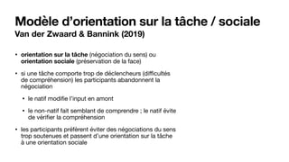 Modèle d’orientation sur la tâche / sociale
Van der Zwaard & Bannink (2019)
• orientation sur la tâche (négociation du sens) ou
orientation sociale (préservation de la face) 

• si une tâche comporte trop de déclencheurs (diﬃcultés
de compréhension) les participants abandonnent la
négociation

• le natif modifie l’input en amont

• le non-natif fait semblant de comprendre ; le natif évite
de vérifier la compréhension 

• les participants préfèrent éviter des négociations du sens
trop soutenues et passent d’une orientation sur la tâche
à une orientation sociale
 