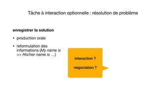 enregistrer la solution
• production orale

• reformulation des
informations (My name is
=> His/her name is …)
interaction ?
négociation ?
Tâche à interaction optionnelle : résolution de problème
 