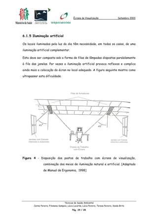 Écrans de Visualização Setembro 2003
6.1.5 Iluminação artificial
Os locais iluminados pela luz do dia têm necessidade, em todos os casos, de uma
iluminação artificial complementar.
Esta deve ser composta sob a forma de filas de lâmpadas dispostas paralelamente
à fila das janelas. Por vezes a iluminação artificial provoca reflexos e complica
ainda mais a colocação do écran no local adequado. A figura seguinte mostra como
ultrapassar esta dificuldade.
Janelas com Estores
interiores e exteriores
Filas de Armaduras
Janelas com Estores
interiores e exteriores
Postos de Trabalho
com Écrans
Figura 4 - Disposição dos postos de trabalho com écrans de visualização,
combinação dos meios de iluminação natural e artificial. [Adaptado
de Manual de Ergonomia, 1998]
Técnicas de Saúde Ambiental
Carmo Pereira, Filomena Sampaio, Lúcia Lacerda, Lúcia Pereira, Teresa Pereira, Vanda Brito
Pág. 24 / 28
 