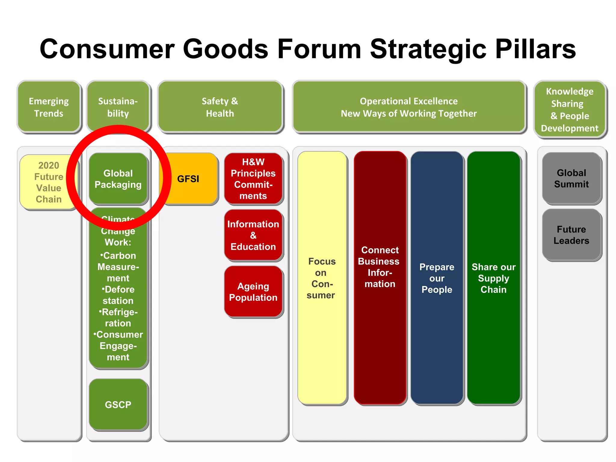 Consumer Goods Forum Strategic Pillars Emerging Trends 2020 Future Value Chain Sustaina-bility Global Packaging Climate Change Work: Carbon Measure-ment Defore station Refrige- ration Consumer Engage- ment GSCP Safety & Health H&W Principles Commit- ments Information & Education Ageing Population Operational Excellence New Ways of Working Together Share our Supply Chain Prepare our People Connect Business  Infor- mation Focus on  Con- sumer  Knowledge Sharing  & People Development Global Summit Future Leaders GFSI 