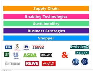 Supply Chain

                          Enabling Technologies
                             Sustainability
                           Business Strategies
                                Shopper



                                              &
Tuesday, April 26, 2011
 