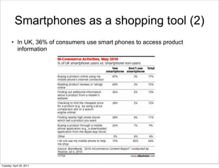 Smartphones as a shopping tool (2)
        • In UK, 36% of consumers use smart phones to access product
          information




Tuesday, April 26, 2011
 