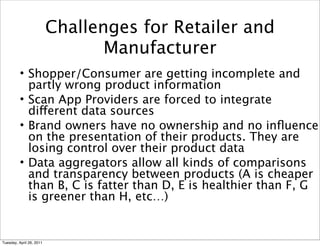 Challenges for Retailer and
                                 Manufacturer
          • Shopper/Consumer are getting incomplete and
            partly wrong product information
          • Scan App Providers are forced to integrate
            different data sources
          • Brand owners have no ownership and no inﬂuence
            on the presentation of their products. They are
            losing control over their product data
          • Data aggregators allow all kinds of comparisons
          

            and transparency between products (A is cheaper
            than B, C is fatter than D, E is healthier than F, G
            is greener than H, etc…)


Tuesday, April 26, 2011
 