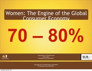 Women: The Engine of the Global
              Consumer Economy


             70 – 80%
                                Copyright 2011 Female Factor
                                         Corporation.
                                 Proprietary and Confidential.




                          Copyright 2011 Female Factor Corporation.
                                 Proprietary and Confidential.


Tuesday, April 26, 2011
 