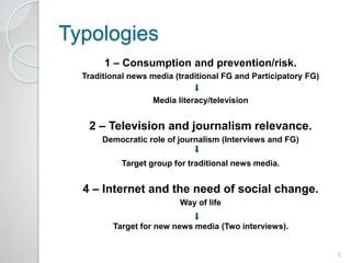 Typologies 
1 – Consumption and prevention/risk. 
Traditional news media (traditional FG and Participatory FG) 
Media literacy/television 
2 – Television and journalism relevance. 
Democratic role of journalism (Interviews and FG) 
Target group for traditional news media. 
4 – Internet and the need of social change. 
Way of life 
Target for new news media (Two interviews). 
8 
 
