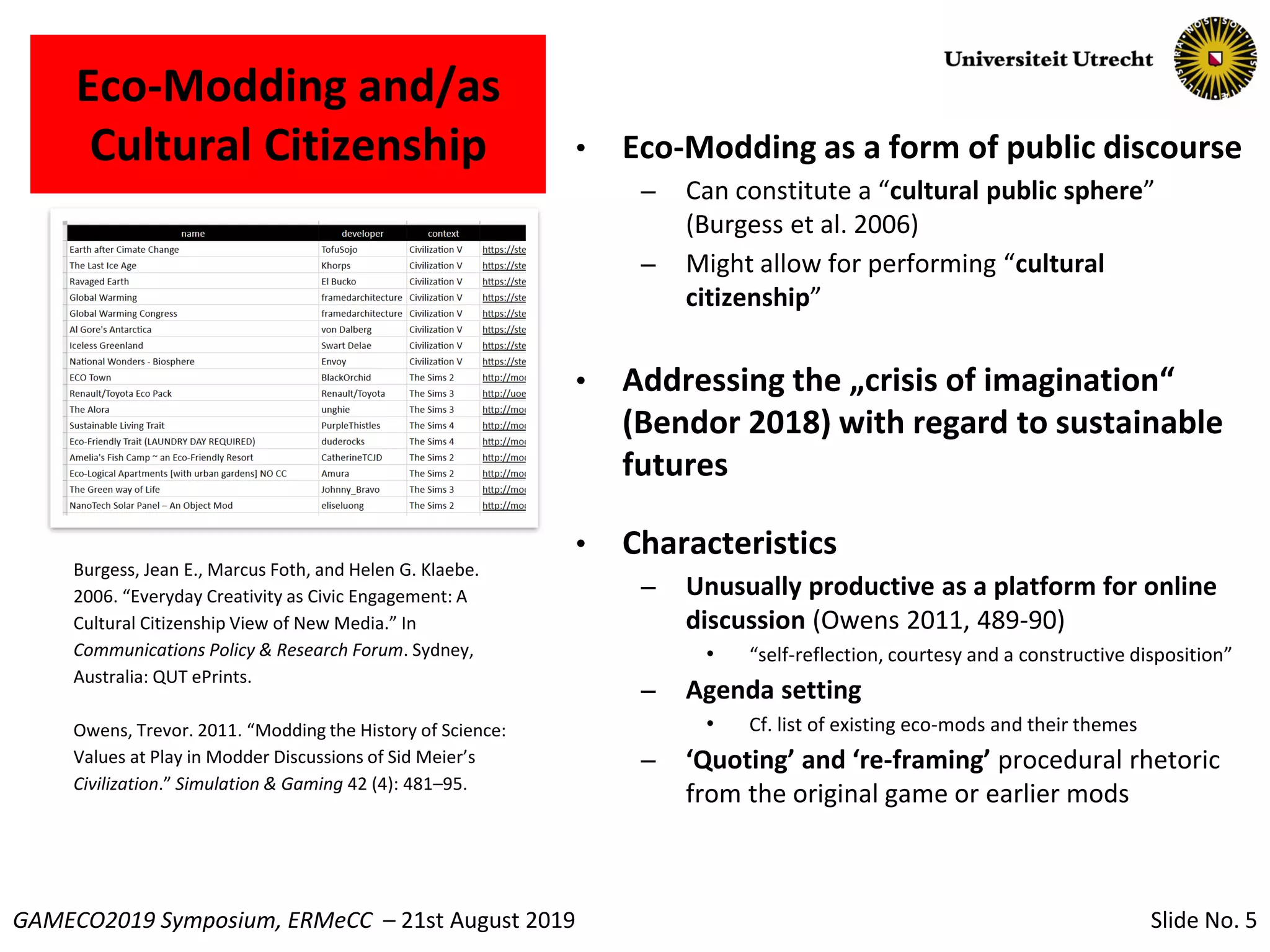Slide No. 5GAMECO2019 Symposium, ERMeCC – 21st August 2019
Eco-Modding and/as
Cultural Citizenship • Eco-Modding as a form of public discourse
– Can constitute a “cultural public sphere”
(Burgess et al. 2006)
– Might allow for performing “cultural
citizenship”
• Addressing the „crisis of imagination“
(Bendor 2018) with regard to sustainable
futures
• Characteristics
– Unusually productive as a platform for online
discussion (Owens 2011, 489-90)
• “self-reflection, courtesy and a constructive disposition”
– Agenda setting
• Cf. list of existing eco-mods and their themes
– ‘Quoting’ and ‘re-framing’ procedural rhetoric
from the original game or earlier mods
Burgess, Jean E., Marcus Foth, and Helen G. Klaebe.
2006. “Everyday Creativity as Civic Engagement: A
Cultural Citizenship View of New Media.” In
Communications Policy & Research Forum. Sydney,
Australia: QUT ePrints.
Owens, Trevor. 2011. “Modding the History of Science:
Values at Play in Modder Discussions of Sid Meier’s
Civilization.” Simulation & Gaming 42 (4): 481–95.
 