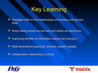Key Learning


Paradigm shift on the relationships of inventory and service
level.



Know clearly where we are now and where we want to be.



Improving the flow of information reduce the inventory.



Multi-dimensional approach; process, system, people.



Collaboration relationship is critical.

 