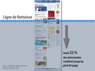 Ligne de flottaison




                                                 Seuls 22 %
                                                 des internautes
                                                 scrollent jusqu’au
Source : ClickTale sur 120 000 pages vues
entre nov. 2006 et Déc. 2006.
                                                 pied de page
http://blog.clicktale.com/?p=19             25
 