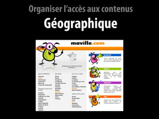 Organiser l’accès aux contenus
    Géographique
 