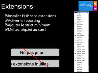 Extensions
  Installer PHP sans extensions
  Activer le reporting
  Ajouter le strict minimum
  Mettez php.ini au carré




         Ne pas jeter

 Les extensions inutiles
 