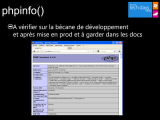 phpinfo()
  A vérifier sur la bécane de développement
  et après mise en prod et à garder dans les docs
 