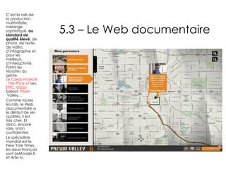 5.3 – Le Web documentaire C’est la rolls de la production multimédia, mélange sophistiqué,  au standard de qualité élevé , de photo, de texte, de vidéo, d’infographie et, pour les meilleurs, d’interactivité. Parmi les réussites du genre,  Le Corps incarcéré ,  The Price  of  sex ,  EPIC ,  Gaza- Sderot ,  Prison  Valley … Comme toutes les rolls, le Web documentaire a le défaut de ses qualités: il est très cher. Et donc, encore rare, sinon confidentiel. Le spécialiste mondial est le New York Times, les deux Français sont LeMonde.fr et Arte.tv. 