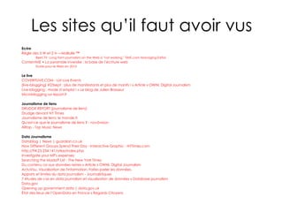 Les sites qu’il faut avoir vus Ecrire Règle des 5 W et 2 H — MaBulle  ™   Beet .TV: Long  form journalism  on  the Web is  "not  working ," TIME. com Managing  Editor   ContentME  • La pyramide inversée : la base de l’écriture  web   Ecrire  pour le  Web  en 2010   Le live COVERITLIVE.COM - List Live  Events   [live- blogging ] #23sept : plus de manifestants et plus de manifs ! » Article » OWNI, Digital  Journalism   Live- blogging  : mode d’emploi ! « Le  blog  de Julien Brasseur   Microblogging  sur  lepost . fr   Journalisme de liens DRUDGE REPORT (journalisme de liens)   Drudge  devant NY Times   Journalisme de liens: le monde. fr   Qu'est-ce que le journalisme de liens ? -  novövision   Alltop  - Top Music News   Data Journalisme Datablog  | News | guardian. co . uk   How  Different  Groups  Spend Their Day  - Interactive  Graphic  -  NYTimes . com   http://94.23.234.141/atlas/index. php   Investigate your MP's expenses   Searching the Madoff  List -  The  New York Times   Du contenu roi aux données reines » Article » OWNI, Digital  Journalism   ActuVisu . Visualisation de l'information. Faites parler les données.   Apports et limites du data  journalism  - Journalistiques   7 études de cas en data  journalism  et visualisation de données «  Database journalism   Data. gov   Opening  up  government  data | data. gov . uk   État des lieux de  l’OpenData  en France « Regards Citoyens   
