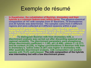 Exemple de résumé
•

In Kazakhstan, the cohabitation of Bactrian, dromedary and their
hybrids is a common feature even within farms. The physico-chemical
composition of 147 milk samples from 57 Bactrians, 70 dromedaries
and 20 hybrids was determined. The samples came from 4 different
regions and were collected at 4 different seasons within a year.
Compared to dromedary, Bactrian camel’s milk had significantly
higher fat (6.67 vs 5.94%), vitamin C (177 vs 152 mg.L-1), calcium (1.30
vs 1.16 g.L-1), and phosphorus (1.07 vs 0.91 g.L-1). Iodine index value
was significantly higher in dromedary milk (16.69) than in Bactrian’s
(14.99). To distinguish Bactrian milk from dromedary milk, a
discriminant analysis was carried out after discarding seasonal and
regional variability. The discriminant parameters were phosphorus
(linear discriminant coefficient = -1.00), pH (-0.408), vitamin C (-0.377)
and fat content (-0.226), in higher concentrations in Bactrian milk than
in dromedary’s. Iodine index (0.287) was higher in dromedary milk.
After quadratic discriminant analysis, milk composition can predict
species with 75.4% well-classed. The milk composition of the hybrids
was intermediary but with a low discriminant power.

 