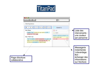Liste des
                  intervenants :
                  une couleur
                  par personne



                  Messagerie
                  instantanée
                  =clavardage.
                  But :
Page d'écriture   échanger des
collaborative     informations
                  sur l'écriture
 