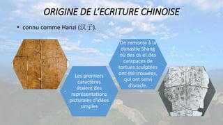 ORIGINE DE L’ECRITURE CHINOISE
• connu comme Hanzi (汉子).
Les premiers
caractères
étaient des
représentations
picturales d'idées
simples
On remonte à la
dynastie Shang
où des os et des
carapaces de
tortues sculptées
ont été trouvées,
qui ont servi
d’oracle.
 