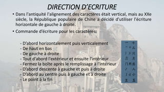 DIRECTION D’ECRITURE
• Dans l'antiquité l'alignement des caractères était vertical, mais au XXe
siècle, la République populaire de Chine a décidé d'utiliser l'écriture
horizontale de gauche à droite.
• Commande d’écriture pour les caractères:
- D’abord horizontalement puis verticalement
- De haut en bas
- De gauche à droite
- Tout d'abord l'extérieur et ensuite l'intérieur
- Fermez la boîte après le remplissage à l'intérieur
- D’abord descente à gauche et puis à droite
- D’abord au centre puis à gauche et à droite
- Le point à la fin
 