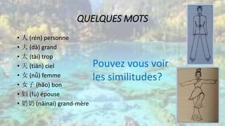 QUELQUES MOTS
• 人 (rén) personne
• 大 (dà) grand
• 太 (tài) trop
• 天 (tiān) ciel
• 女 (nǚ) femme
• 女子 (hăo) bon
• 妇 (fù) épouse
• 奶奶 (nǎinai) grand-mère
Pouvez vous voir
les similitudes?
 