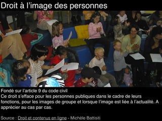 109
Droit à l’image des personnes
Fondé sur l’article 9 du code civil
Ce droit s’efface pour les personnes publiques dans le cadre de leurs
fonctions, pour les images de groupe et lorsque l’image est liée à l’actualité. A
apprécier au cas par cas.
Source : Droit et contenus en ligne - Michèle Battisiti
 
