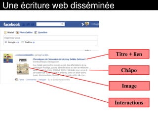 Titre + lien
Châpo
Image
Une écriture web disséminée
Interactions
 