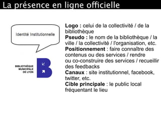 Logo : celui de la collectivité / de la
bibliothèque
Pseudo : le nom de la bibliothèque / la
ville / la collectivité / l'organisation, etc.
Positionnement : faire connaître des
contenus ou des services / rendre
ou co-construire des services / recueillir
des feedbacks
Canaux : site institutionnel, facebook,
twitter, etc.
Cible principale : le public local
fréquentant le lieu
La présence en ligne officielle 
 