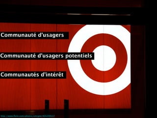 http://www.ﬂickr.com/photos/smcgee/404209517
Communauté d’usagers
Communauté d’usagers potentiels
Communautés d’intérêt
 