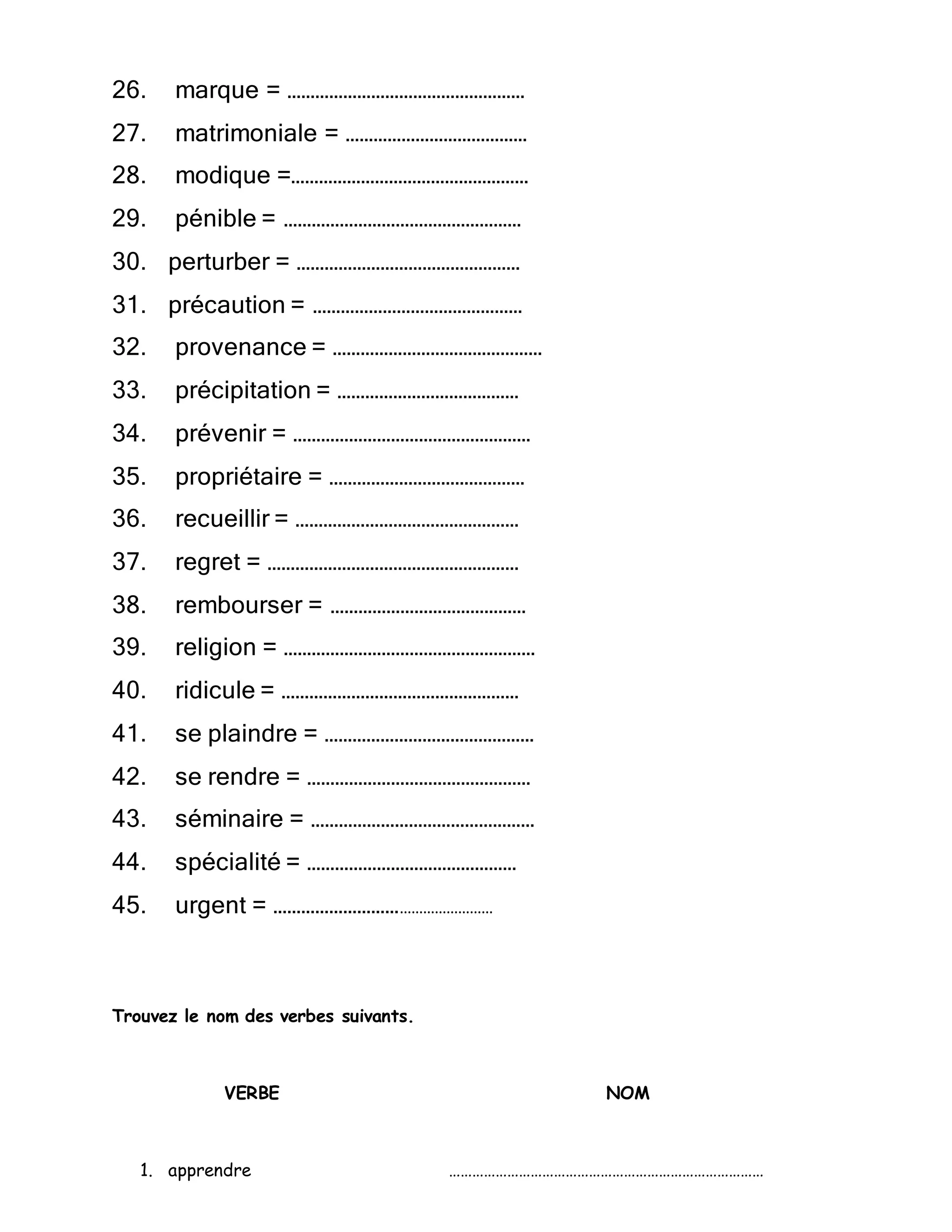 Ecrivez les significations des mots suivants | DOCX