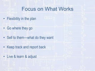 Focus on What Works
• Flexibility in the plan
• Go where they go
• Sell to them—what do they want
• Keep track and report back

• Live & learn & adjust

 