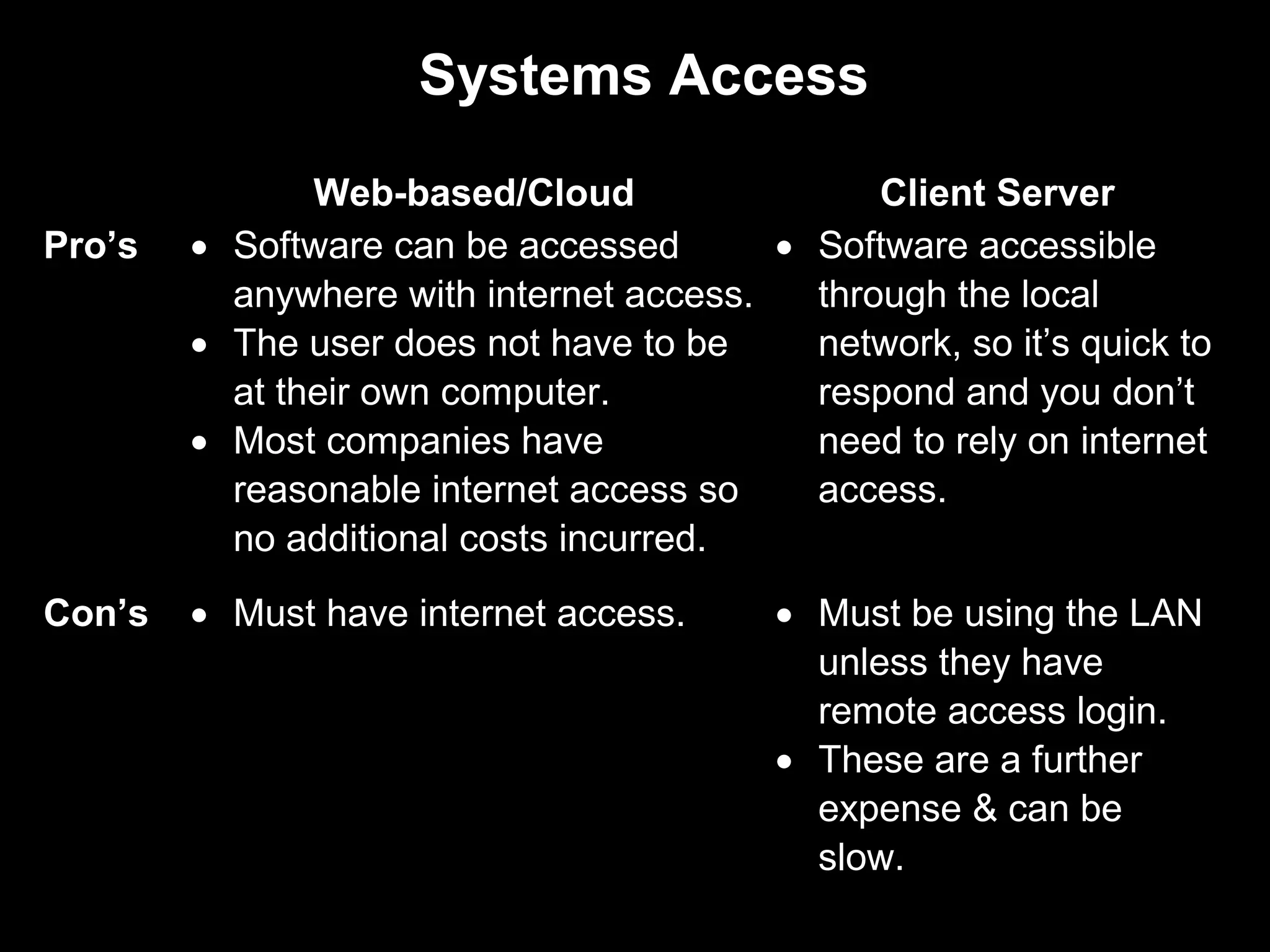 Systems Access
               Web-based/Cloud                 Client Server
Pro’s   • Software can be accessed       • Software accessible
          anywhere with internet access.   through the local
        • The user does not have to be     network, so it’s quick to
          at their own computer.           respond and you don’t
        • Most companies have              need to rely on internet
          reasonable internet access so    access.
          no additional costs incurred.
Con’s   • Must have internet access.      • Must be using the LAN
                                            unless they have
                                            remote access login.
                                          • These are a further
                                            expense & can be
                                            slow.
 