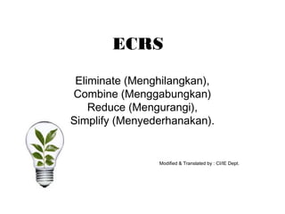 Eliminate (Menghilangkan),
Combine (Menggabungkan)
Reduce (Mengurangi),
Simplify (Menyederhanakan).
Modified & Translated by : CI/IE Dept.
ECRS
 
