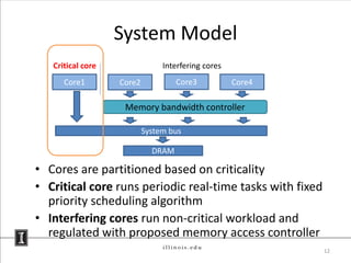 System Model
   Critical core                Interfering cores
      Core1        Core2            Core3           Core4

                    Memory bandwidth controller

                           System bus

                             DRAM

• Cores are partitioned based on criticality
• Critical core runs periodic real-time tasks with fixed
  priority scheduling algorithm
• Interfering cores run non-critical workload and
  regulated with proposed memory access controller
                                                            12
 