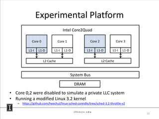 Experimental Platform
                                    Intel Core2Quad

             Core 0              Core 1               Core 2              Core 3

          L1-I   L1-D        L1-I    L1-D           L1-I   L1-D       L1-I    L1-D


                      L2 Cache                                 L2 Cache



                                          System Bus

                                            DRAM

• Core 0,2 were disabled to simulate a private LLC system
• Running a modified Linux 3.2 kernel
   – https://github.com/heechul/linux-sched-coreidle/tree/sched-3.2-throttle-v2

                                                                                     23
 