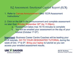 EQ Assessment: Emotional Capital Report (ECR)
1. Refer to Canvas Announcement titled “ECR Assessment
Instructions.”
2. Click on the link in the announcement and complete assessment
no later than Sunday September 30th (by 11:59pm).
a. Assessment takes max 10-15 minutes to complete
b. You will be emailed your assessment on the day of your
tutorial (October 1st-5th)
Important: Business Career Centre Coaches will be leading your
ECR tutorials. GO TO YOUR DESIGNATED TUTORIAL during the
week of Oct. 1st to 5th. Bring your laptop to tutorial so you can
access your emailed assessment results.
 