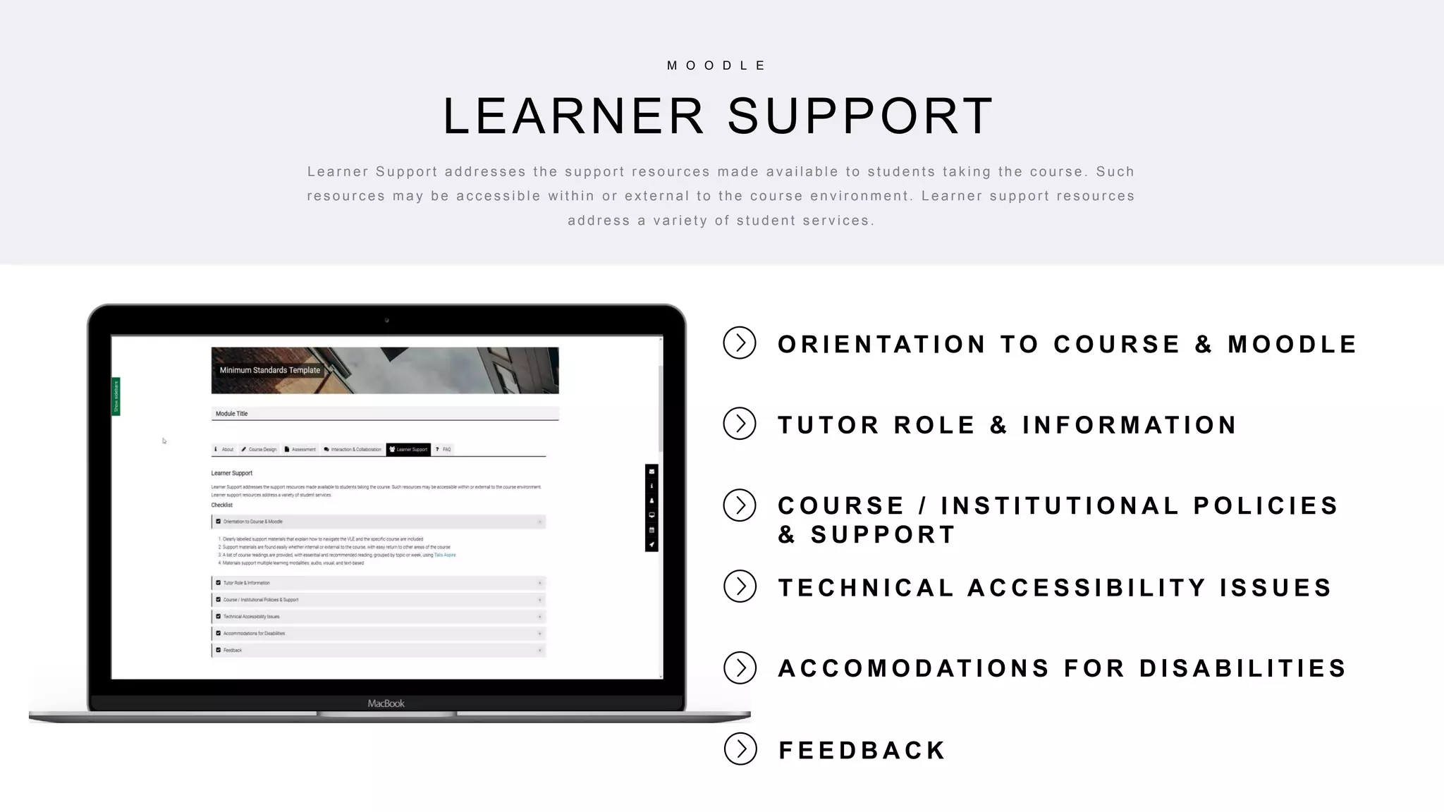 13
O R I E N TAT I O N T O C O U R S E & M O O D L E
T U T O R R O L E & I N F O R M AT I O N
C O U R S E / I N S T I T U T I O N A L P O L I C I E S
& S U P P O R T
LEARNER SUPPORT
M O O D L E
L e a r n e r S u p p o r t a d d r e s s e s t h e s u p p o r t r e s o u r c e s m a d e a v a i l a b l e t o s t u d e n t s t a k i n g t h e c o u r s e . S u c h
r e s o u r c e s m a y b e a c c e s s i b l e wi t h i n o r e x t e r n a l t o t h e c o u r s e e n v i r o n m e n t . L e a r n e r s u p p o r t r e s o u r c e s
a d d r e s s a v a r i e t y o f s t u d e n t s e r v i c e s .
T E C H N I C A L A C C E S S I B I L I T Y I S S U E S
A C C O M O D AT I O N S F O R D I S A B I L I T I E S
F E E D B A C K
 