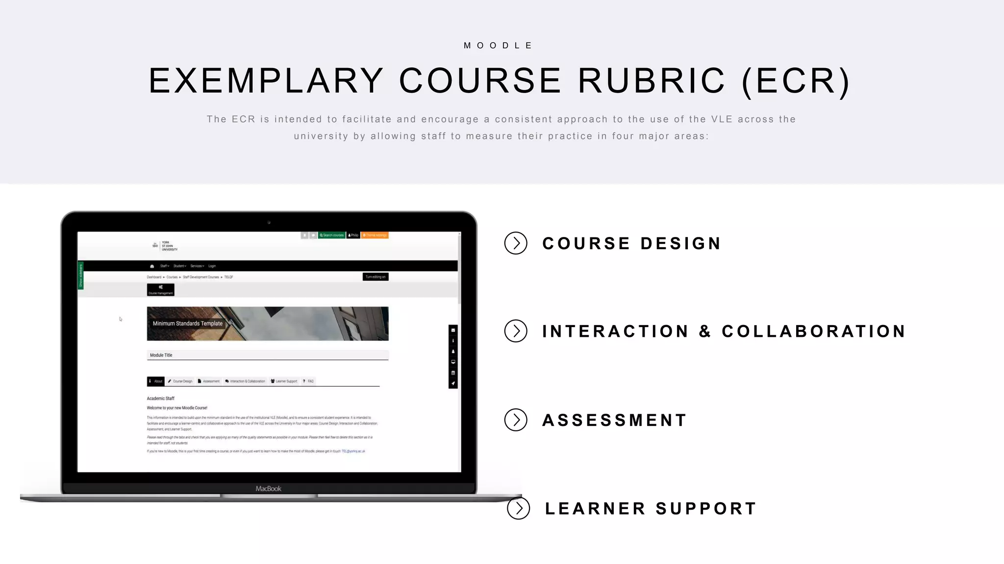 6
C O U R S E D E S I G N
I N T E R A C T I O N & C O L L A B O R AT I O N
A S S E S S M E N T
EXEMPLARY COURSE RUBRIC (ECR)
M O O D L E
T h e E C R i s i n t e n d e d t o f a c i l i t a t e a n d e n c o u r a g e a c o n s i s t e n t a p p r o a c h t o t h e u s e o f t h e V L E a c r o s s t h e
u n i v e r s i t y b y a l l o wi n g s t a ff t o m e a s u r e t h e i r p r a c t i c e i n f o u r m a j o r a r e a s :
L E A R N E R S U P P O R T
 