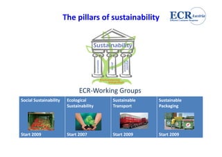 The pillars of sustainability




                               ECR‐Working Groups
Social Sustainability    Ecological       Sustainable   Sustainable 
                         Sustainability   Transport     Packaging




Start 2009               Start 2007       Start 2009    Start 2009
 