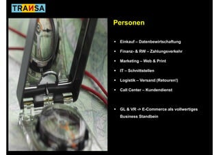 Personen

 Einkauf – Datenbewirtschaftung

 Finanz- & RW – Zahlungsverkehr

 Marketing – Web & Print

 IT – Schnittstellen

 Logistik – Versand (Retouren!)

 Call Center – Kundendienst



 GL & VR -> E-Commerce als vollwertiges
 Business Standbein
 