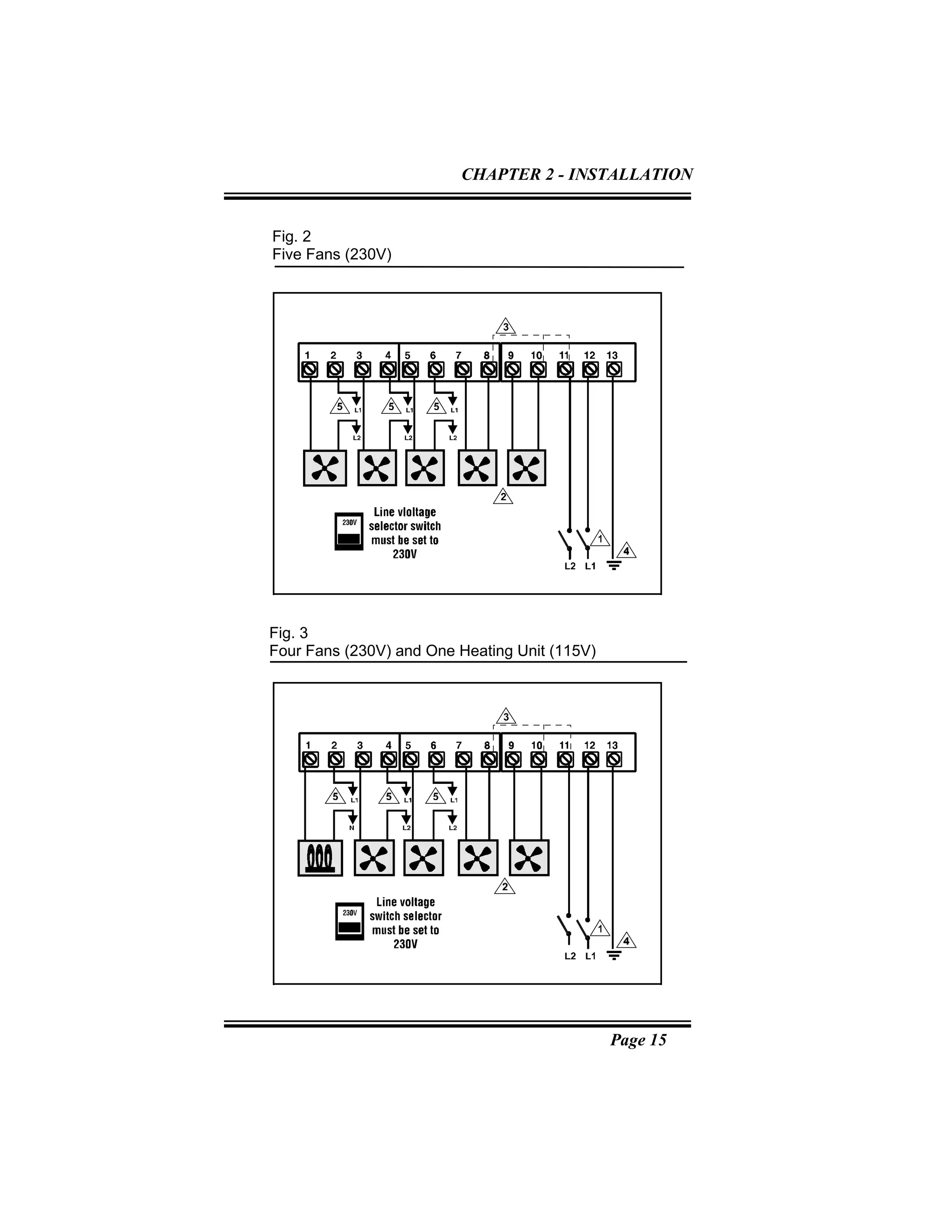 Page 15
Fig. 2
Five Fans (230V)
Fig. 3
Four Fans (230V) and One Heating Unit (115V)
CHAPTER 2 - INSTALLATION
 